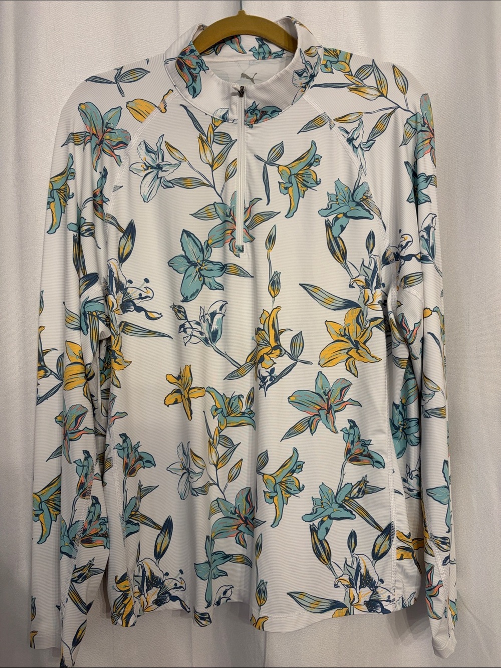 Puma White Long-Sleeve Floral Half-Zip Top with Teal & Yellow Flowers